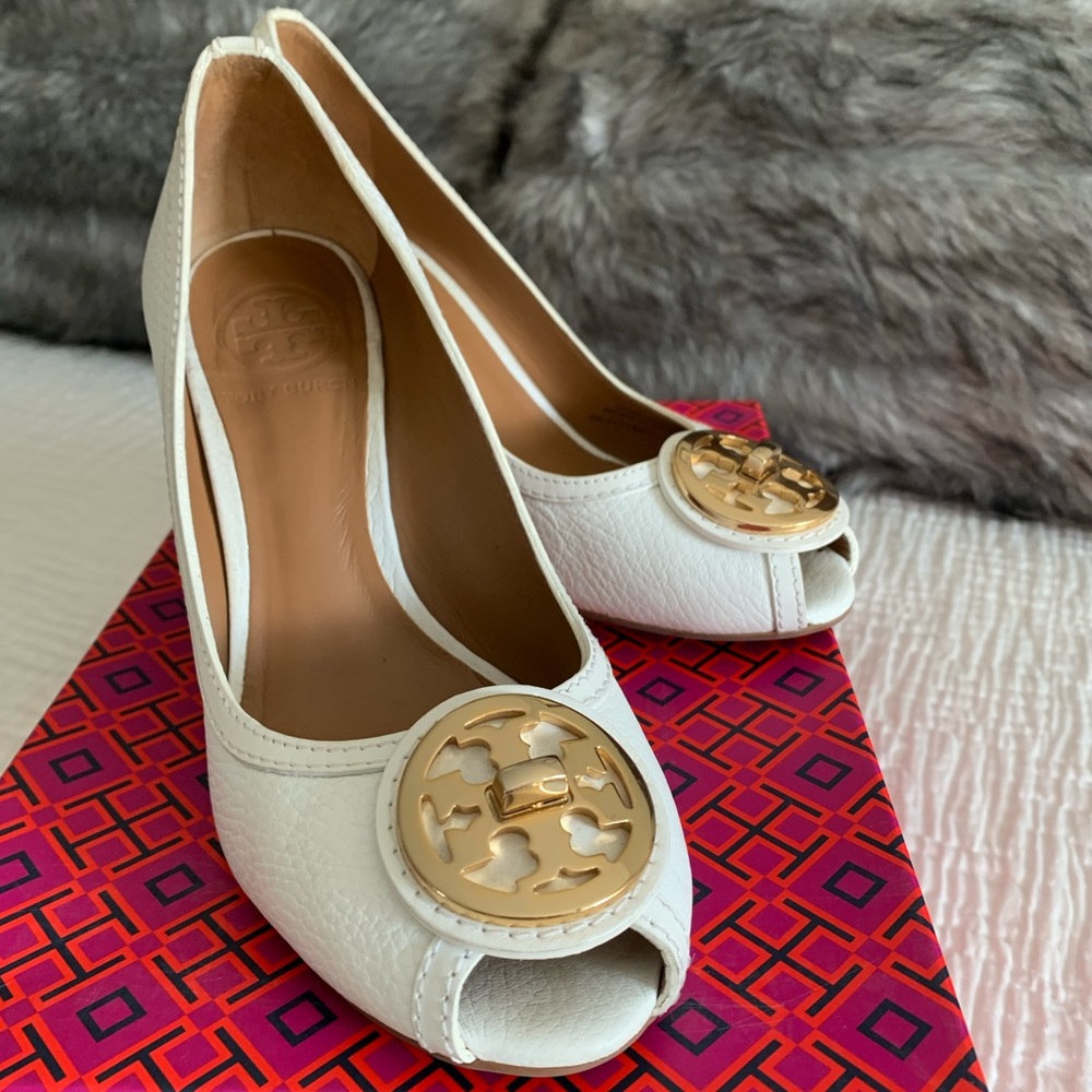 Tory Burch white open toe heels